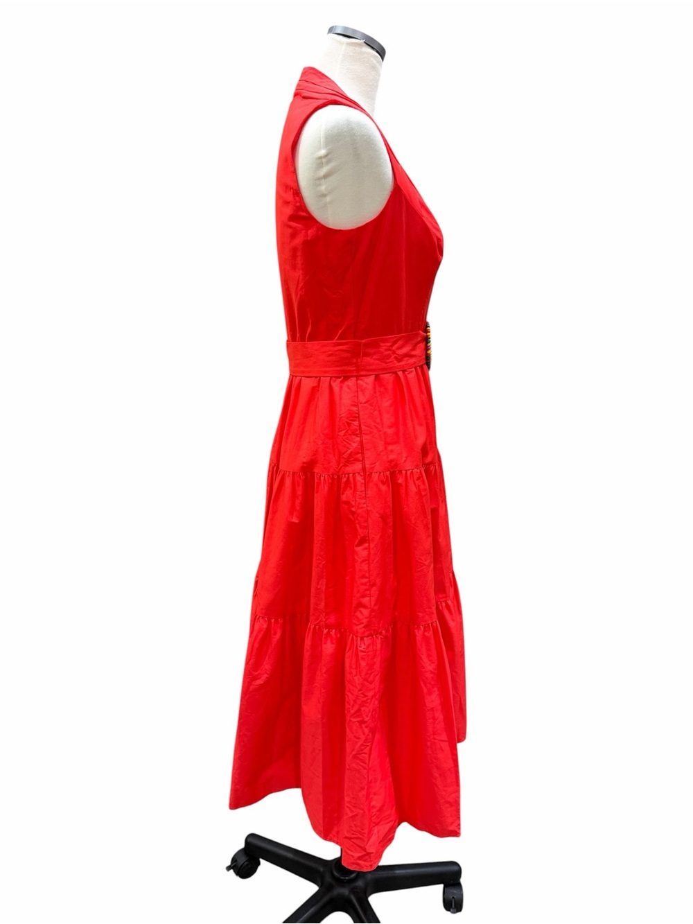 Vince Camuto Pleat Neck Cotton Midi Dress Belted Tiered Poppy Red 4 NWT - Picture 11 of 16